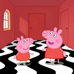 peppa pig and Mario in twin peaks. black and white zig zag floor, david lynch, red room, agent cooper