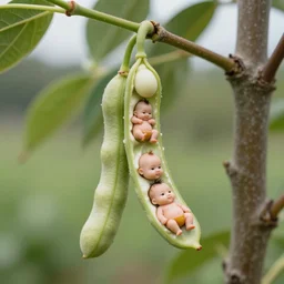 bean pod with small human babies inside, growing in a tree, real picture