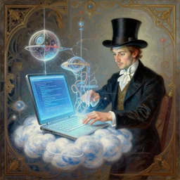 time travelling magician coding an experimental cloud architecture on a glowing computer, intricate oil painting, by johann peter hasenclever