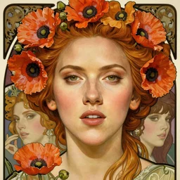 realistic detailed face portrait of scarlett johansson with poppies in her elaborate hair by alphonse mucha, ayami kojima, amano, greg hildebrandt, and mark brooks, art nouveau, neo - gothic, gothic
