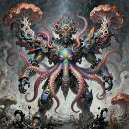 asura from chinese myth, ghost, mecha, wearing a colourful octopus and flows as a hat, a incredible symmetrical concept design, gorgeous and huge head ornaments, organic fractal mycelum and fungi, a dreamland of chinese, 4 k post processing, fascinating, dire, terrifying, frantic, mould disintegrating into black dripping ink and slime, mind - bending, painted by edgar maxence, edward hopper, wayne barlowe and james gilleard, airbrush, art by jamesjean