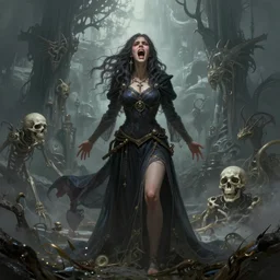 death is swallowed up in victory, very detailed and beautiful portrait of a young woman, necromancer, screaming with fear, artwork by artgerm, centered shot, wide angle, full body, islandpunk, solarpunk, fantasy, highly detailed, digital painting, artstation, smooth, sharp focus, art by thomas kinkade and h. r. giger and yusei uesugi and daniel oldenburg