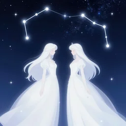 zodiac gemini constellation of white two princess in the starry sky, masterpiece epic retrowave art, trending on art station