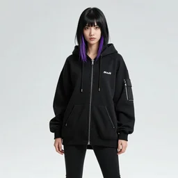 “Sci fi, A female, full body, black hair with purple streaks, black hoodie with tech on it”