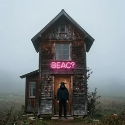 a landscape, fog, mist, high wooden house with neon sign, a man with the head of a raven at the door, ultra-realistic