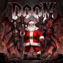 ( doom ) cover featuring santa!! claus!! surrounded by demons, by jimmy presler, artstation, vivid gaze, brown eyes