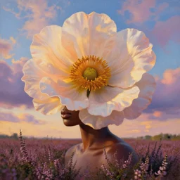 closeup, huge flower as a head, an african woman in heather field, surreal photography, golden hour, colorful clouds, impressionist painting, digital painting, artstation, simon stalenhag