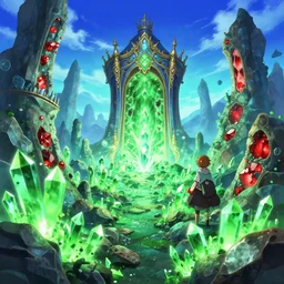 an enchanted arcade anime inspired isekai crystals mines!!!!!!!!!!!!!!!!!!!!! glowing ore, green and red, anime aesthetic, bright blue and cyan sky. by greg rutkowski, in the style of a grand adventure