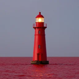 beautiful lonely red lighthouse, with fire, standing behind red water, hyperrealism, 4 k resolution, ultra detailed, style of greg rutkowski, ryan dening,