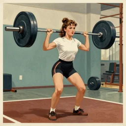 girls weighlifting a barbell in a gym, very coherent, 1 9 5 0 s propaganda poster art, four tone, muted colors