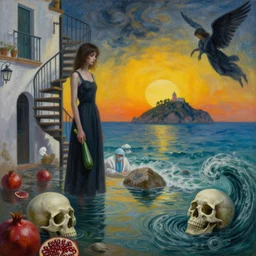 painting of a flooded spanish art gallery in marbella beach, death, a tall emo girl, holding a courgette, sunrise, skull, rocks by the sea, a spiral staircase, island, surgeon, pomegranates, a dark angel, a whirlpool, swirls, zen, surrealist, by magritte and kawase and monet