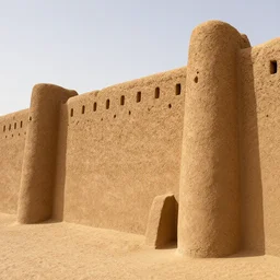 High-quality photography of old West African ramparts made of mud bricks, Timbuktu, Canon TS-E 17mm, National Geographic