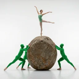 ensemble of sisyphus in green-screen suits pushing a boulder through an empty space, white background, ballet performance photography