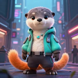 a cute male gray turquoise white orange otter fursona wearing futuristic clothes in the streets of cyberpunk city, fantasy, 8 k resolution, hyper detailed, character design, digital painting, trending on artstation, illustration