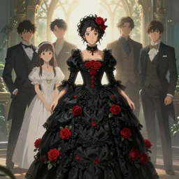 black dress in the style of rococo, victorian era, red roses element, fantasy art by greg, loish, rhads, ferdinand knab, makoto shinkai and lois van baarle, ilya kuvshinov, rossdraws, tom bagshaw, dreamy, soft, backlight, luminescence, highly detailed, 8 k