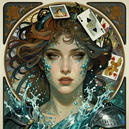 realistic detailed face portrait of a female warrior with water based superpowers by Alphonse Mucha, Ayami Kojima, Amano, Charlie Bowater, Karol Bak, Greg Hildebrandt, Jean Delville, and Mark Brooks, Art Nouveau, Neo-Gothic, gothic, playing cards, rich deep moody colors that are related to water