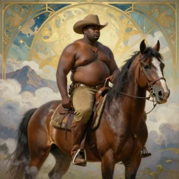 a dramatic ethereal epic painting of a handsome black chubby cowboy on a horse | background is clouds and mountains | homoerotic, art deco, art nouveau, highly detailed | by Mark Maggiori, by William Herbert Dunton, by Charles Marion Russell | trending on artstation