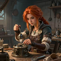 An epic fantasy comic book style portrait painting of a young tinker girl working on a device in her workshop, unreal 5, DAZ, hyperrealistic, octane render, cosplay, RPG portrait, dynamic lighting