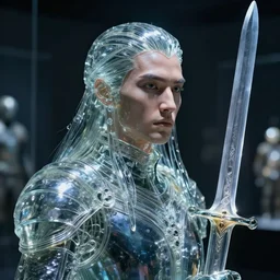 cinematic shot armor and sword made entirely out of glass on display, hyper realistic, mood lighting, fantasy, detailed face, highly detailed, super realistic, perfect lighting