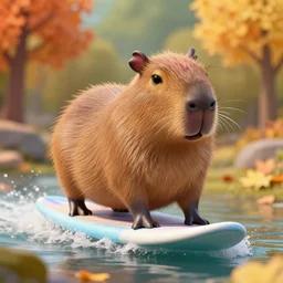 very beautiful portrait of an extremely cute and adorable capybara doing surf, smooth, perfect face, fantasy, character design by mark ryden and pixar and hayao miyazaki, sharp focus, concept art, harvest fall vibrancy, intricate detail, cinematic lighting, hyperrealistic, 3 5 mm, diorama macro photography, 8 k, 4 k