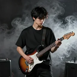 a young korean man wearing black t shirt holding an electric guitar!! in dark room, dramatic smoke everywhere, heavy contrast, matte colors, thought provoking, dramatic brush strokes, abstract digital art trending on artstation