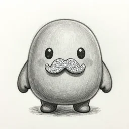 kawaii gray petite happy boulder with stubby arms, legs, and a mustache made of diamonds, video game concept art, pencil sketch