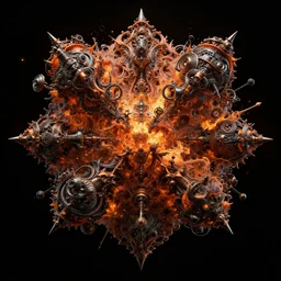 the explosion of the universe from an evil satanic seed, insanely detailed and ornate, anatomical details, mechanical details, orange and black, style of baroque, steampunk noir, octane render, 8 k, black background