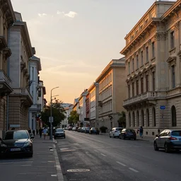 urban photography of bucharest, award winning, sunset, streets, buildings, people, beautiful