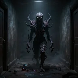 a cosmic horror entity made of shadow inside an empty hallway, dark eerie photograph, wispy darkness, decaying dark gemstone colors