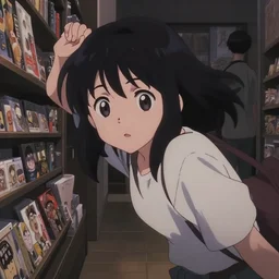anime visual, low light portrait of a curious young woman shopping in akihabara, cute face by ilya kuvshinov, yoh yoshinari, dynamic pose, dynamic perspective, cel shaded, flat shading mucha, rounded eyes, moody, kyoani, natsume yuujinchou, smooth facial features, gits anime