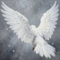 highdetailed hyperrealistic painting of white wingsl!!!, white sparkles, 4 k hd fur, big wings, by jan van eyck, pattern, holography space, glow effect, large strokes, white monochrome color!!!!!