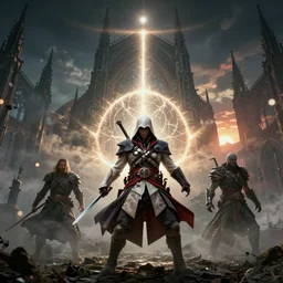 Assassin's Creed Elden Ring mashup, gothic architecture, dynamic poses, low camera angle, god rays, bloom, volumetric fog, moody ambiance, cinematic lighting, twilight, sunset, Brom, Caravaggio, Giger, fantasy, portfolio illustration, highly detailed, trending on Artstation, CGsociety, HQ, 8k, 35mm lens, f2.8, Bokeh,