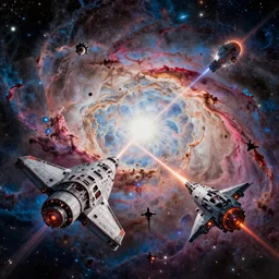 a starship and spaceship battle across the oil painted nebula, lasers in mid flight, by chris foss, syd mead, ralph mcquarie, art station, high detail, award winning, psychedelic and glittering, cinematic composistion