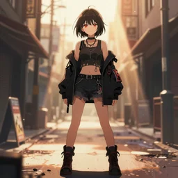 anime woman wearing weird fashion streetwear stands in a street - dramatic cozy arts by wlop and okuda genso. featured on pixiv, anime aesthetic. pixiv, warm aesthetic, rays of light, volumetric light, artstation, vanitas, official art, gothic, noise film photo. octane render, redshift render