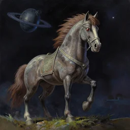 the trojan horse lost in space cinematic angle, studio ghibli, cinematic lighting, detailed oil painting, hyperrealistic, 8 k