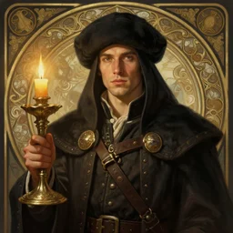 a mind - blowing portrait of a fortune seeker male, clean shaven, holding a candle holder, wearing dark maritime clothing, long night cap, deep focus, d & d, fantasy, intricate, elegant, highly detailed, digital painting, artstation, concept art, matte, sharp, illustration, hearthstone, art by artgerm and greg rutkowski and alphonse mucha