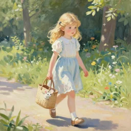 “an impressionist vivid painting of a cute blonde girl walking on a sunny day, carrying a handbag with a cute pet mouse in it. Trending on artstation, wide angle”
