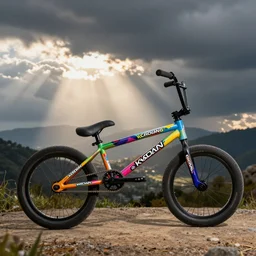 bmx bicycle, brand logo stickers, multicolored paint
