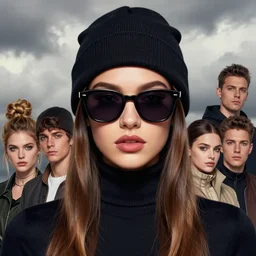glamor portrait, young female model, electric sunglasses, beanie, turtleneck, cloudy background, intricate detailed hyperrealistic by charlie bowater, mandy jurgens, alex ross, donato giancola, z. w. gu, jamie hewlett, bold colors, artstation