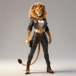 beautiful full body portrait of a strong female anthropomorphic lioness fursona queen wearing biker clothes. character design by rj palmer detailed, soft lighting, rendered in octane