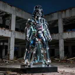 A picture taken of a large Darth Vader glass statue in an abandoned building, night, studio lighting, 4k, photography,