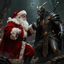 Santa Claus fighting against sauron in lord of the rings, digital art, grim atmosphere