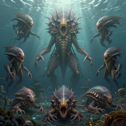 lovecraftian sea creature designs, Greg Rutkowski, Darek Zabrocki, Karlkka, Jayison Devadas, Phuoc Quan, trending on Artstation, 8K, ultra wide angle, zenith view, pincushion lens effect