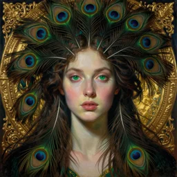 dynamic composition, a painting of a woman with green eyes and hair made of peacock plummage, a surrealist painting by Tom Bagshaw and Jacek Yerga and Tamara de Lempicka, featured on cgsociety, pop surrealism, surrealist, wiccan, pre-raphaelite, ornate gilded details