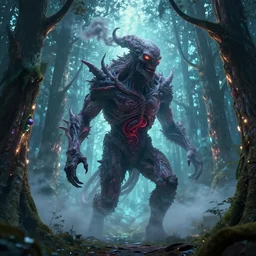 A beautiful cinematic digital artwork of an entrails smoke monster coming out of a mystical glowing forest tree line, by Raphael Lacoste and Andreas Rocha, trending on artstation, intricate detail, cgsociety.  #filmic, atmospheric, luminous, PBR.