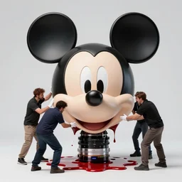 four mechanics trying to fix a huge bleeding mickey mouse head, diorama, zeiss lens, centered, fashion photoshoot, by artgerm and beeple, shiny, breathtaking, 8 k resolution, detailed, beautiful, artistic, hyperrealistic, octane render