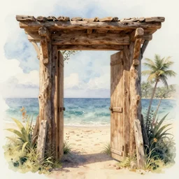 watercolor wooden portal to paradise, ultra detailed, photorealistic, octane render, high definition, fine details, ethereal tones, 8 k, mcbess mood