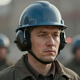 a man wearing a hard hat and ear muffs, a detailed matte painting by simon stalenhag, featured on cg society, socialist realism, movie still, 8 k 3 d, anamorphic lens flare
