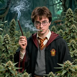 harry potter in a jungle of weed plants, he is holding a joint as his wand and smoking weed and surrounded by green dense weed kush plants, smoke in front, smoke behind, smoke background, red eyes, smoking weed, hyper detailed, cinematic lighting, studio quality, smooth render,