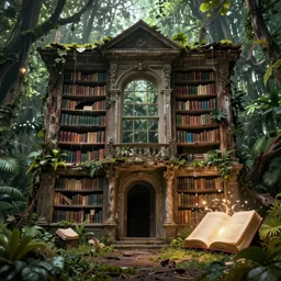 an old library that is decaying with a rainforest inside, highly detailed, intricate detail, volumetric lighting, dramatic scenery, beautiful 3 d rendering, octane render, magic glowing books, trending on artstation